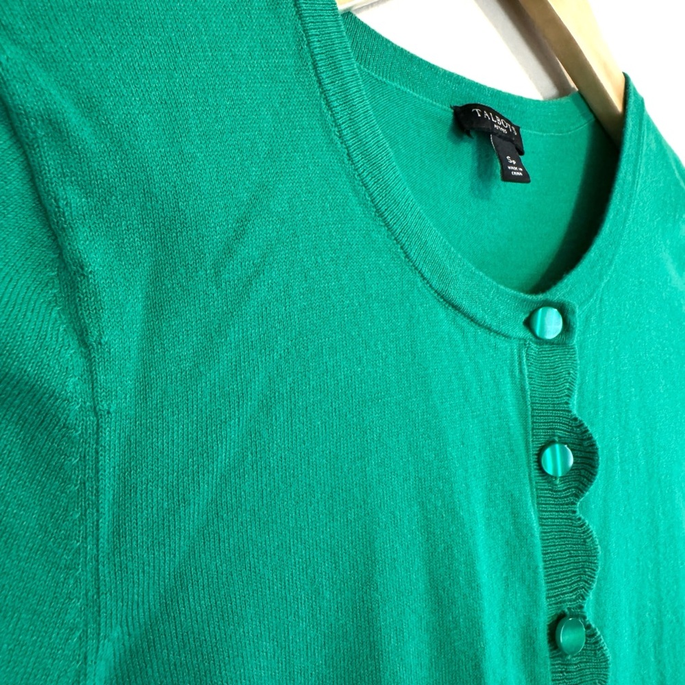 Talbots Kelly Green Cardigan Sweater SP Scalloped Edge Small Petite PS - Picture 5 of 9